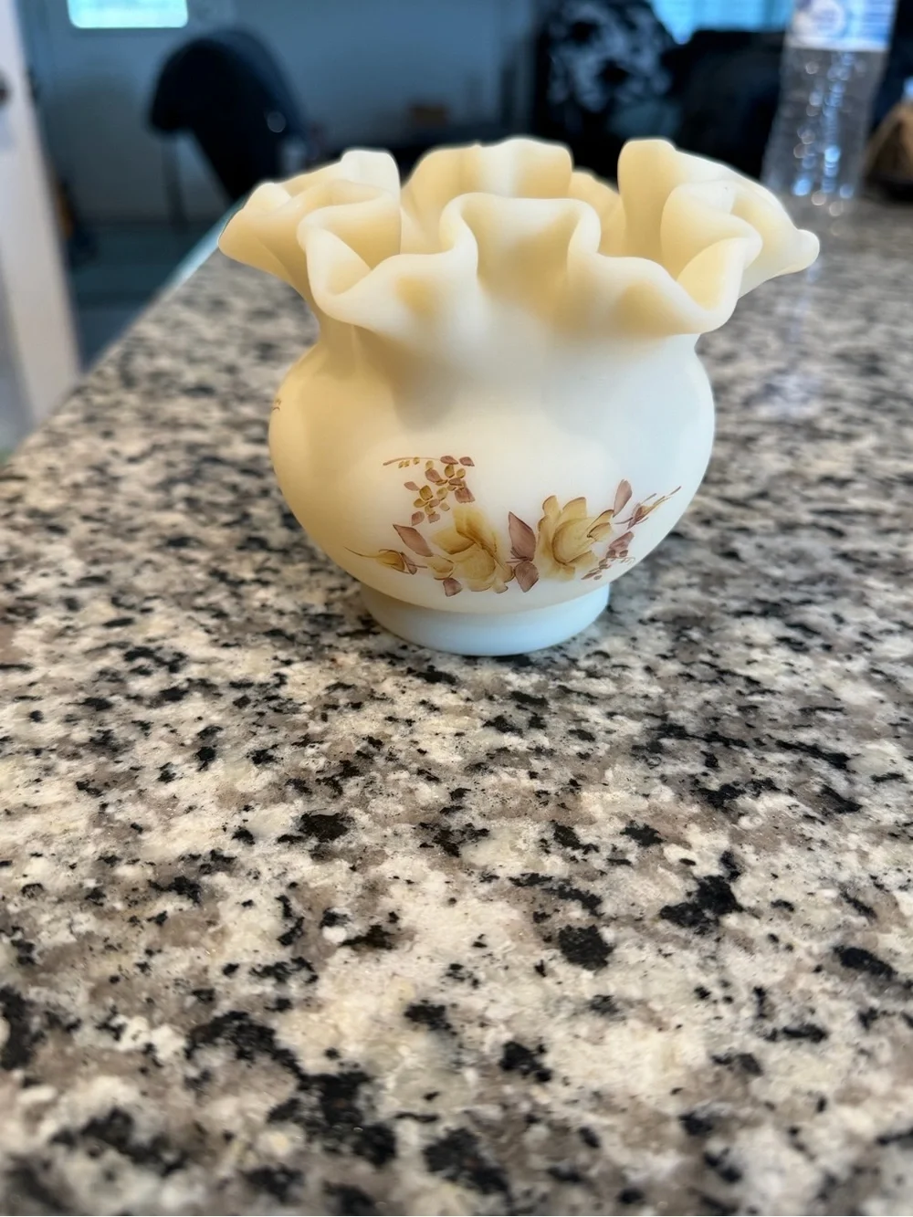 Fenton Cream Ruffled Glass Vase with Floral Motif